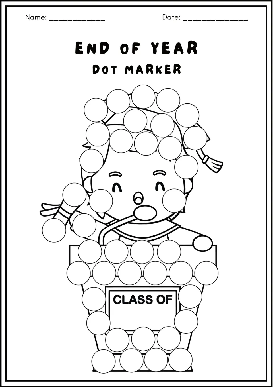 End of Year dot marker: a graduate in a cap stands at a podium marked Class Of; students dot each circle on cap and podium