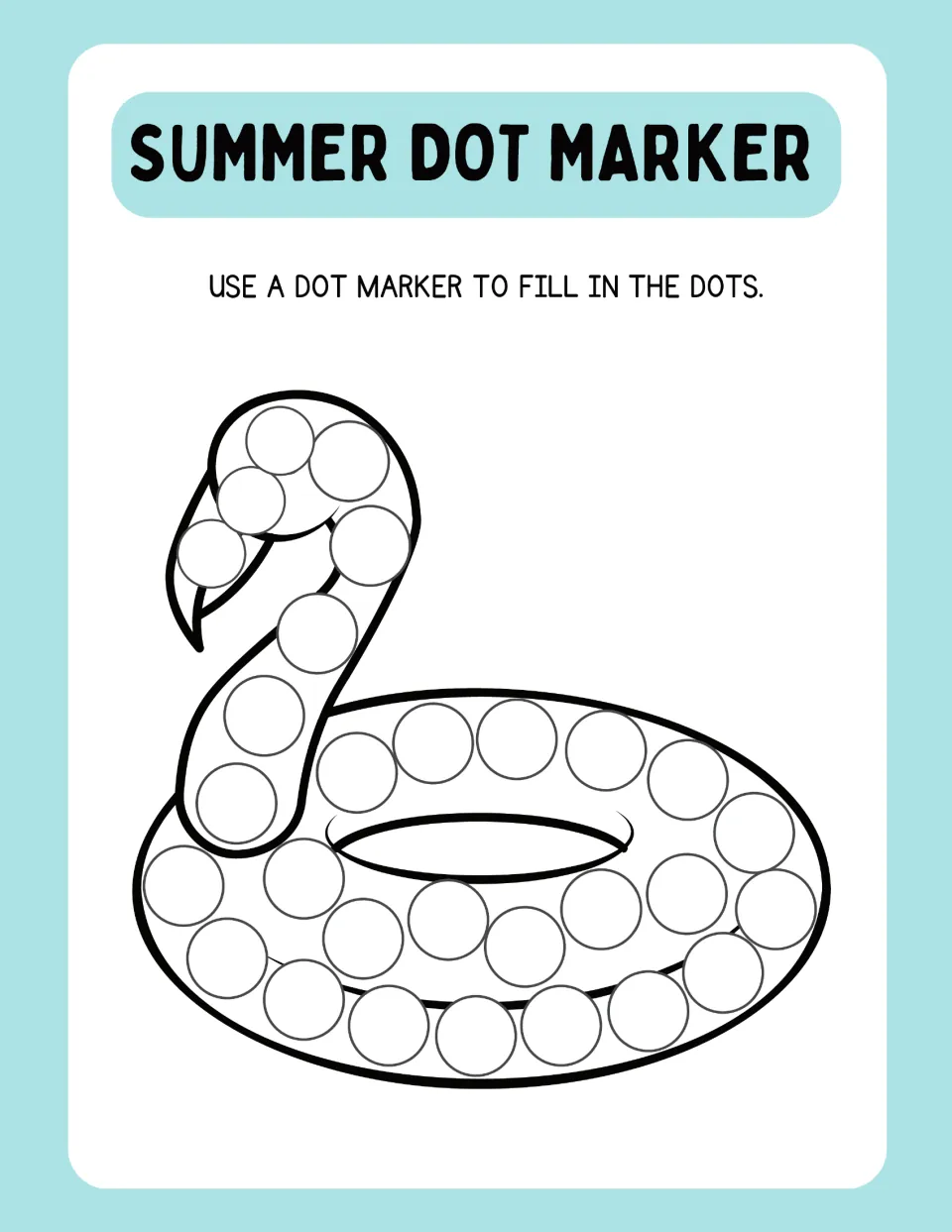 Summer dot marker activity sheet featuring a flamingo pool float with circles along its head, neck, and ring