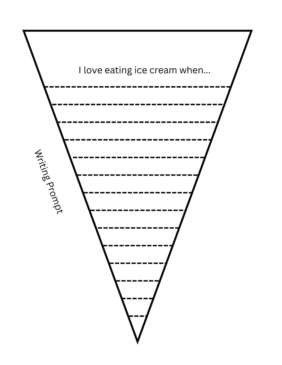 Cone writing prompt 'I love eating ice cream when...': students cut out the cone and finish the sentence starter