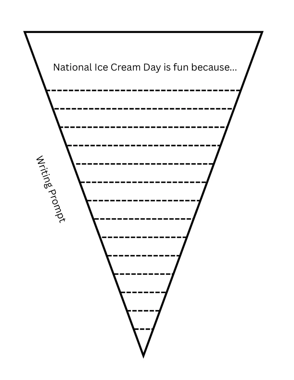 Cone writing prompt 'National Ice Cream Day is fun because...': students cut out the cone and explain their reasons