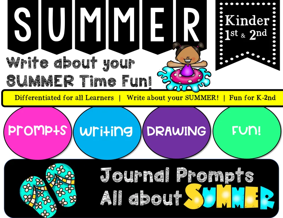 Summer journal prompts cover for Kinder, 1st and 2nd: write about your summer time fun with prompts, writing and drawing