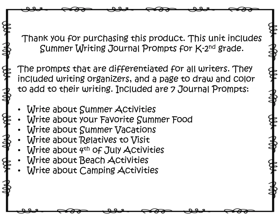 Overview listing 7 summer journal prompts: activities, favorite food, vacations, relatives, 4th of July, beach, camping