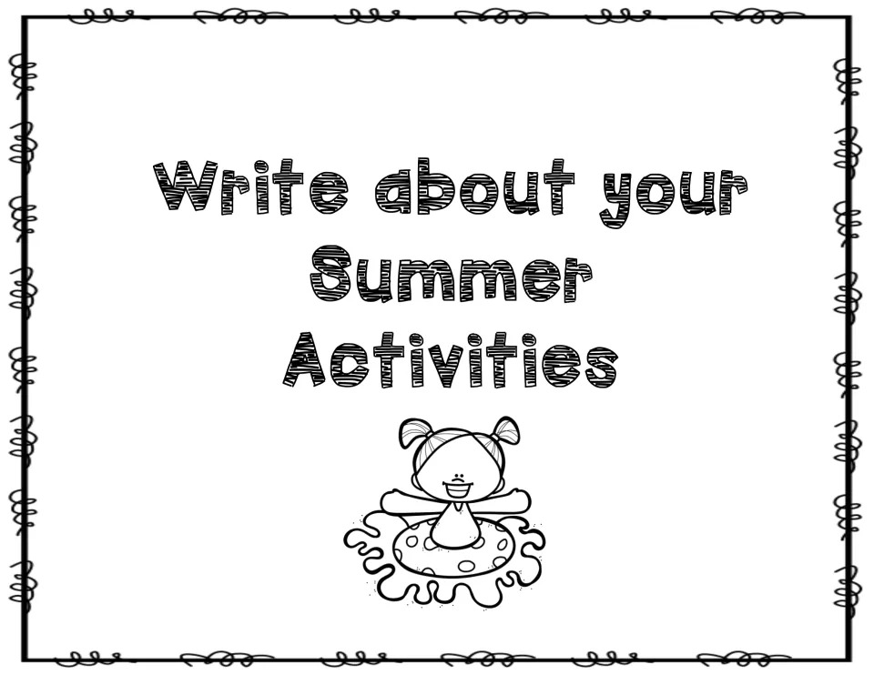 Section title 'Write about your Summer Activities' with a girl in a swim ring, opening the summer activities prompt set
