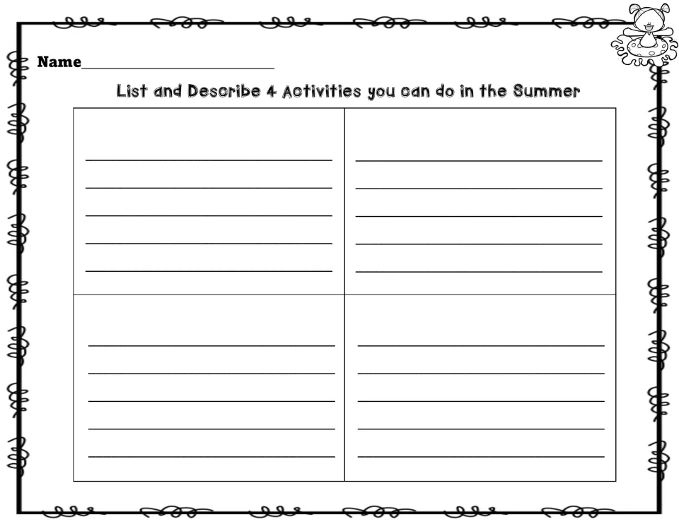 Summer activities brainstorm: students list and describe 4 activities they can do in summer, one in each writing space