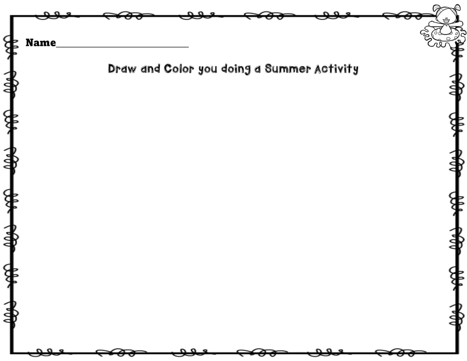 Summer activity drawing: students draw and color a picture of themselves doing a summer activity to go with their writing