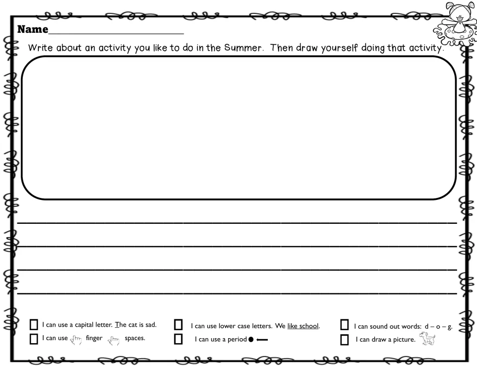 Favorite summer activity: students write and draw, then self-check capitals, finger spaces, periods and sounding out