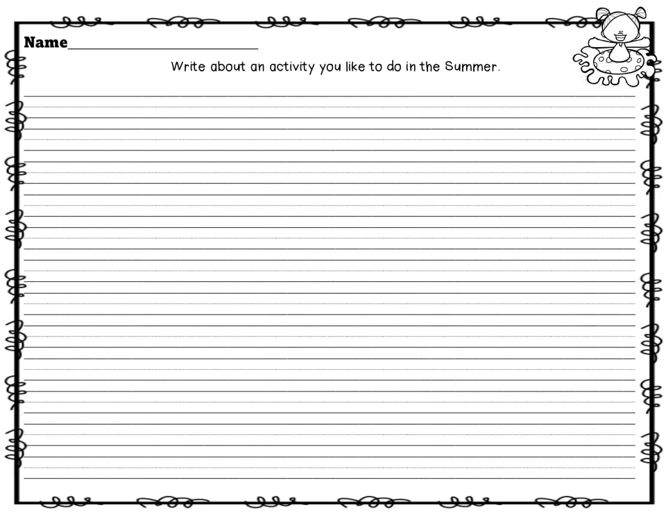 Summer activity journal entry: students write about an activity they like to do in summer on dotted-midline paper