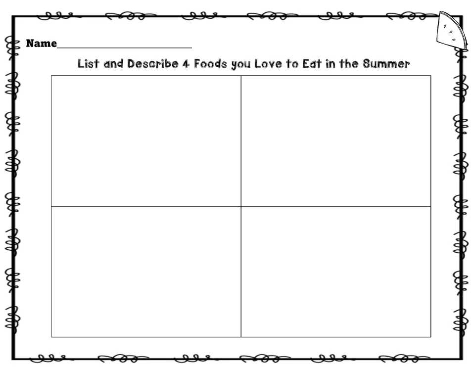 Favorite summer foods: students list and describe 4 foods they love to eat in summer, with a watermelon slice at the top