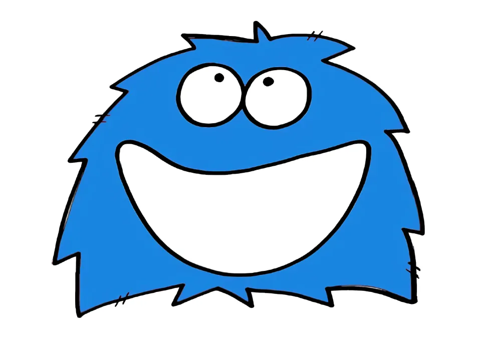 Blue monster mat for the feed-the-monster game: a furry smiling monster with big eyes and a wide open white mouth to fill