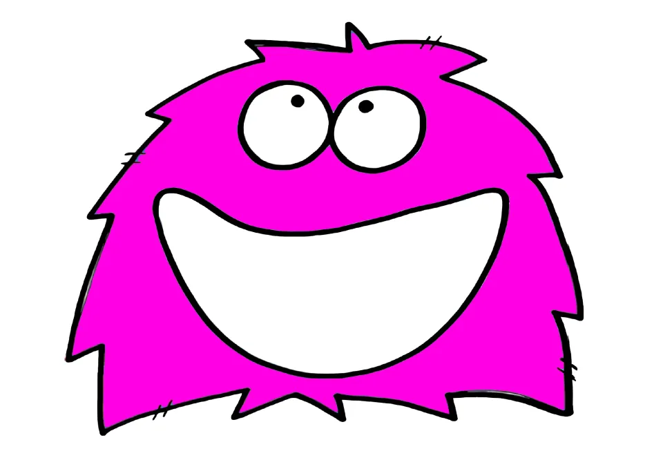 Magenta monster mat: a vivid magenta shaggy monster with round eyes and a wide white mouth for children to feed by color