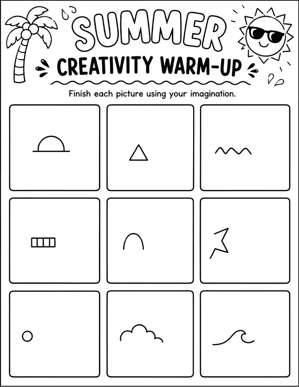 Summer Creativity Warm-Up: students finish 9 drawings from starter marks like a half sun, triangle, cloud and curling wave