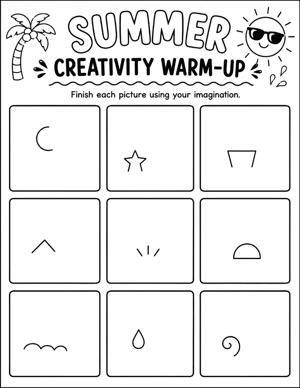 Summer Creativity Warm-Up: finish 9 pictures from starter shapes like a crescent moon, star, bucket, water drop and spiral