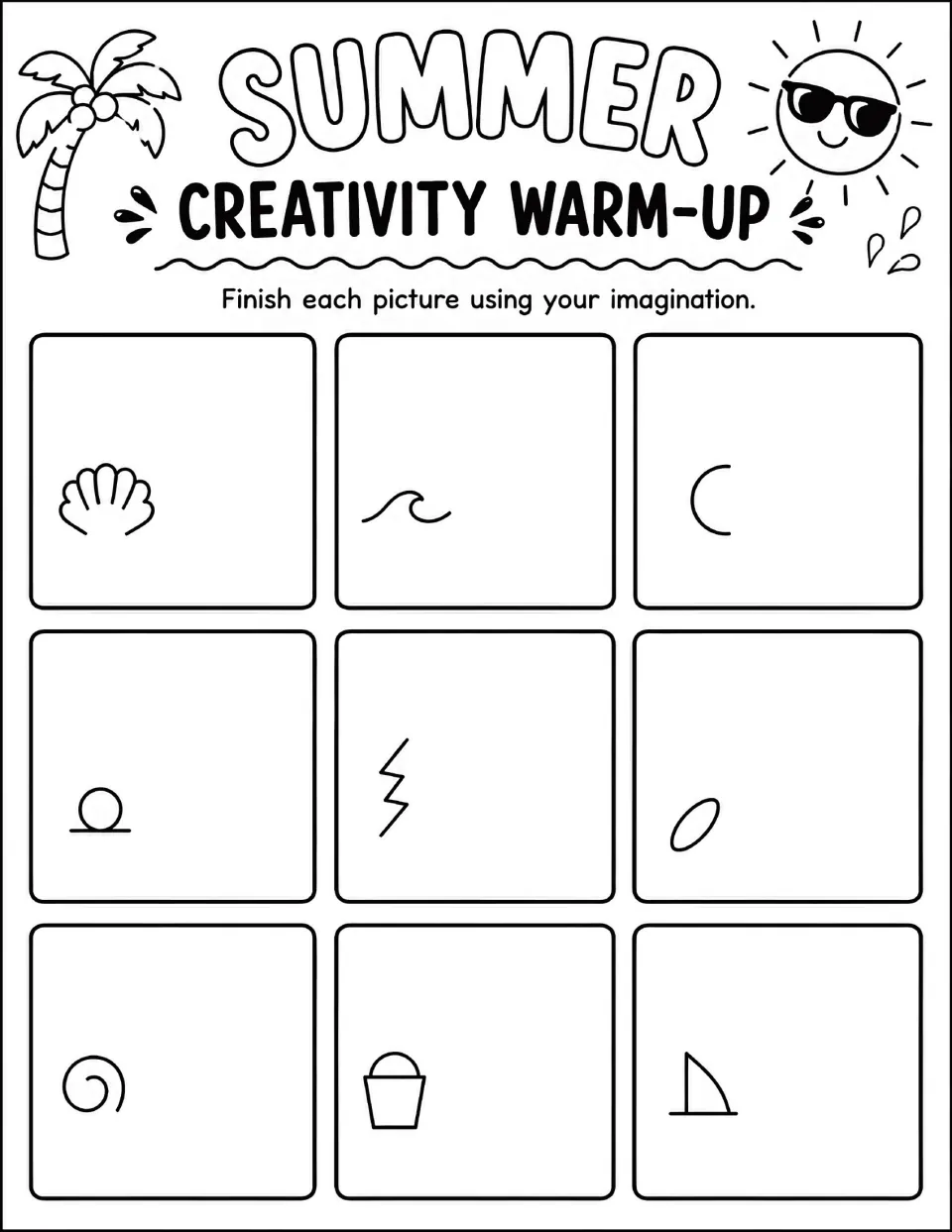 Summer Creativity Warm-Up: complete 9 drawings that start from a seashell, wave, bucket, surfboard oval and sail shape