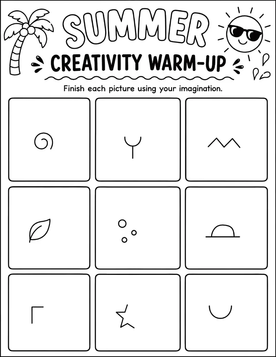 Summer Creativity Warm-Up: students finish 9 drawings starting from a spiral, leaf, three bubbles, half dome and open star