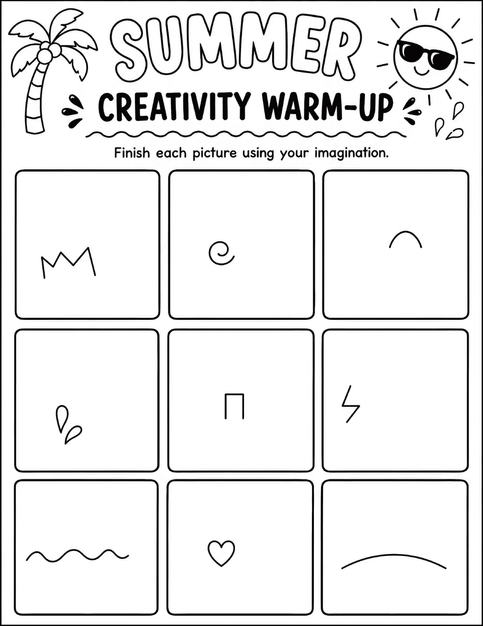 Summer Creativity Warm-Up: students build 9 pictures from starters like a crown zigzag, water splash, heart and wavy line