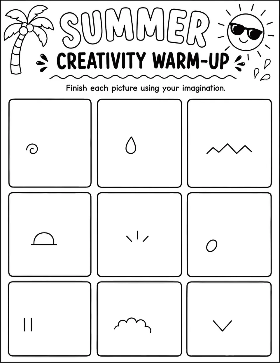 Summer Creativity Warm-Up: finish 9 pictures begun with a tiny spiral, raindrop, zigzag, sunrise dome, bush and V shape
