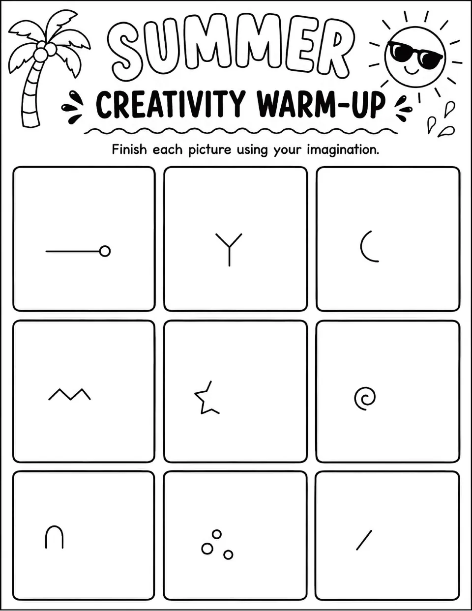 Summer Creativity Warm-Up: students complete 9 drawings from a line with a dot, Y shape, crescent, bubbles and a slash