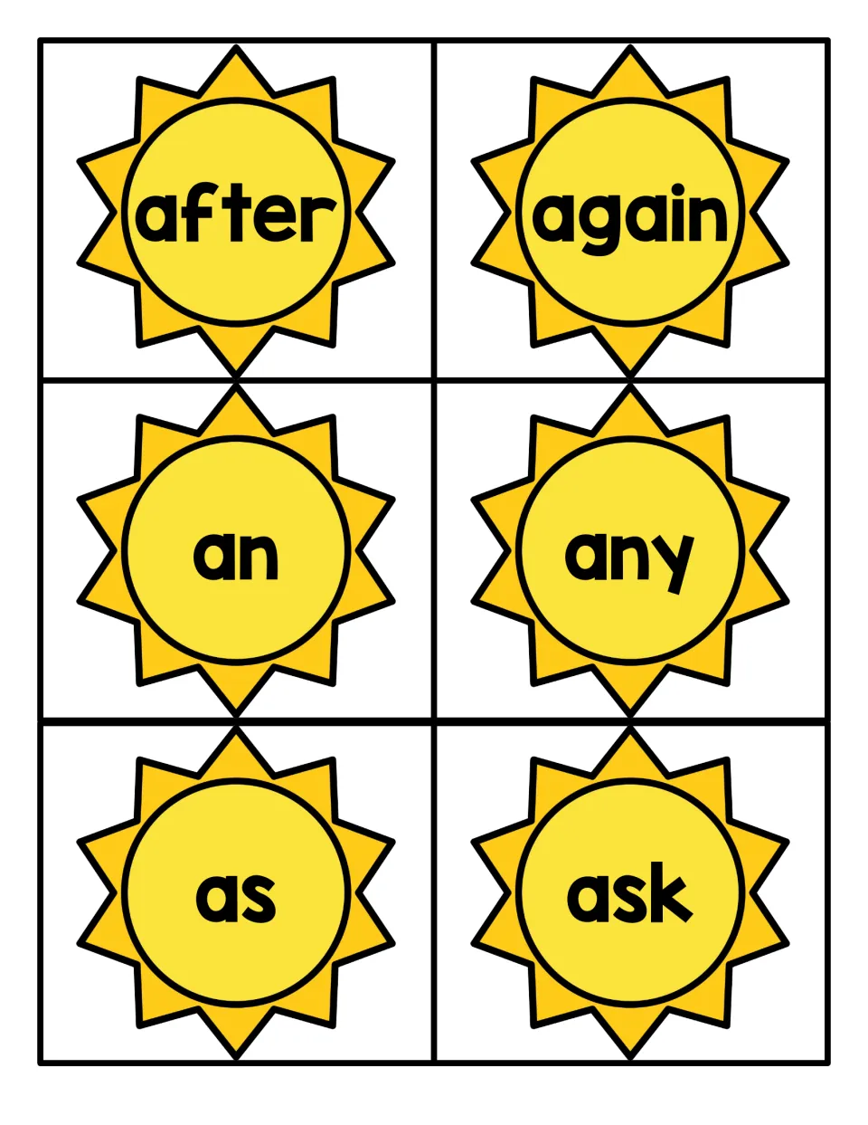 Sight word flashcards on yellow suns: students read after, again, an, any, as and ask, six cut-apart cards on one sheet