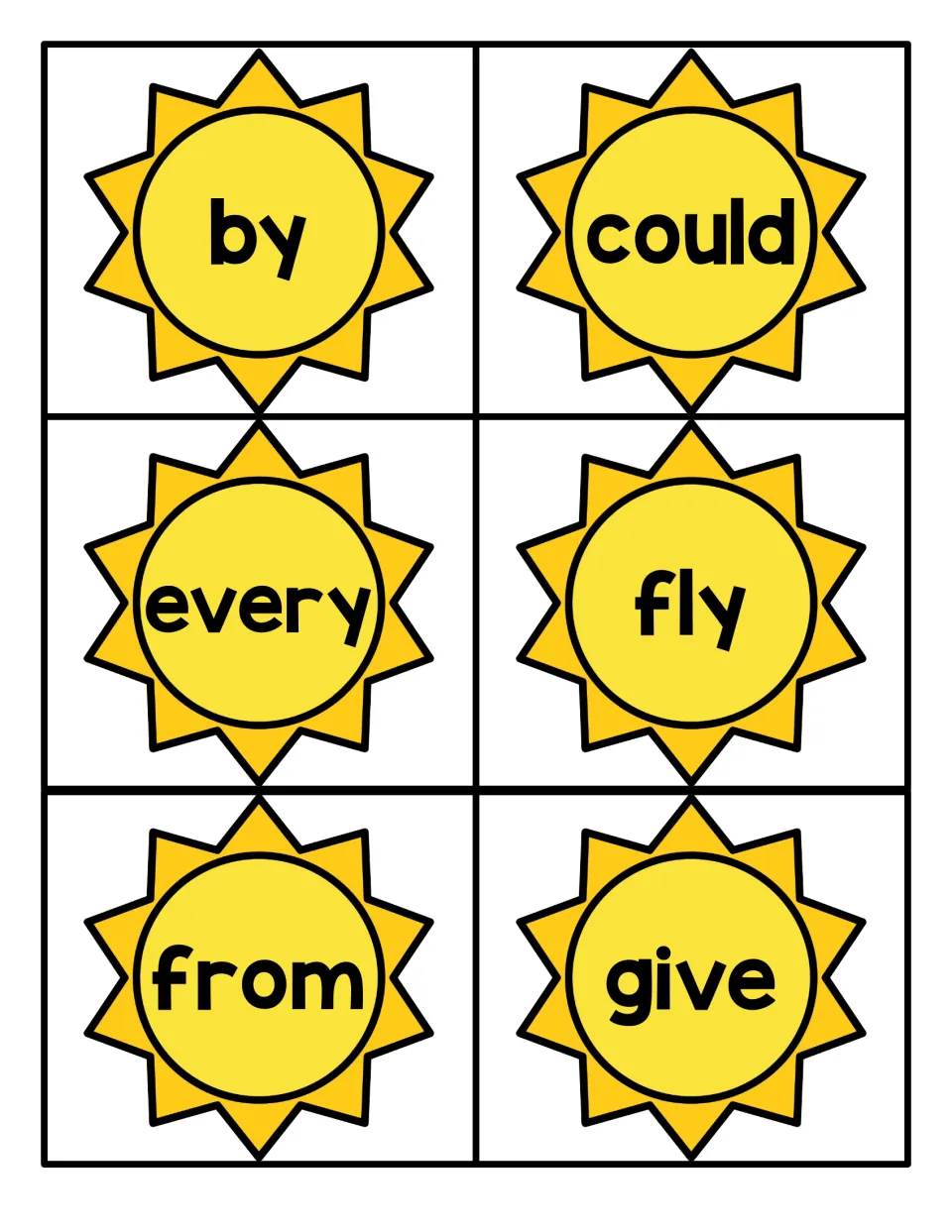 Sun-shaped word cards for reading practice: by, could, every, fly, from and give, each printed large to read by sight