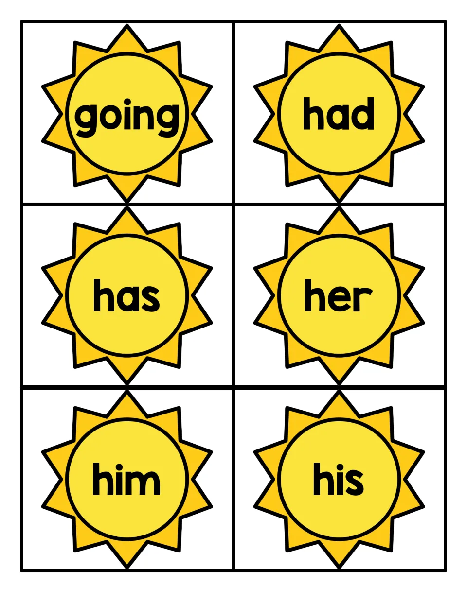 Sun cards with going, had, has, her, him and his: students practise instant recognition of high-frequency words