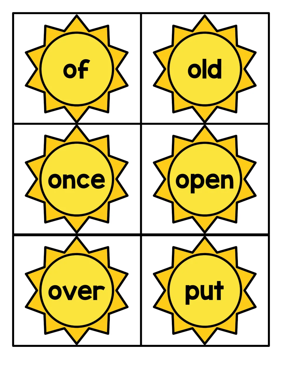Summer sun word cards with of, old, once, open, over and put for students to read quickly as a sight-word drill