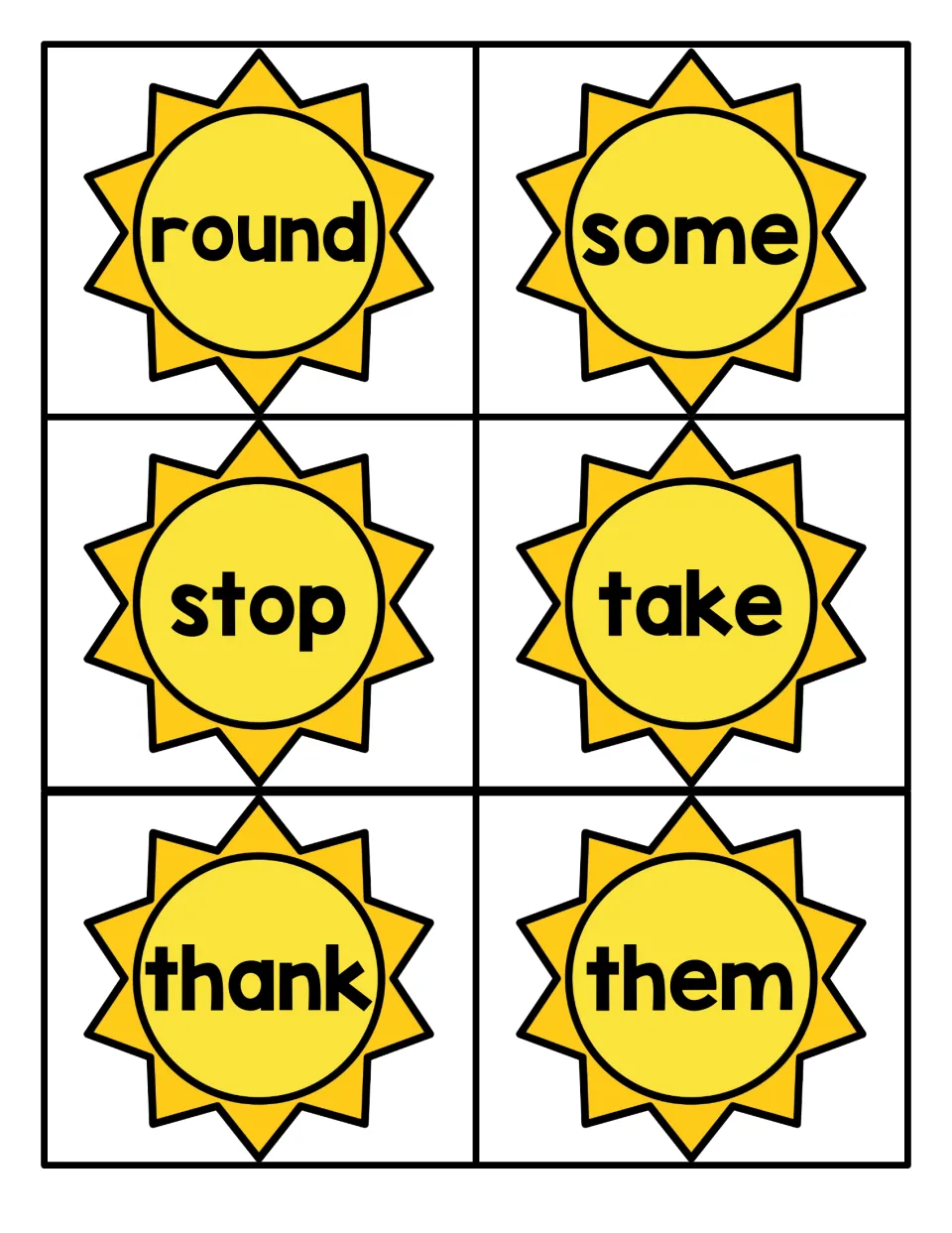 Sight-word sun cards for round, some, stop, take, thank and them, for students to read and say aloud