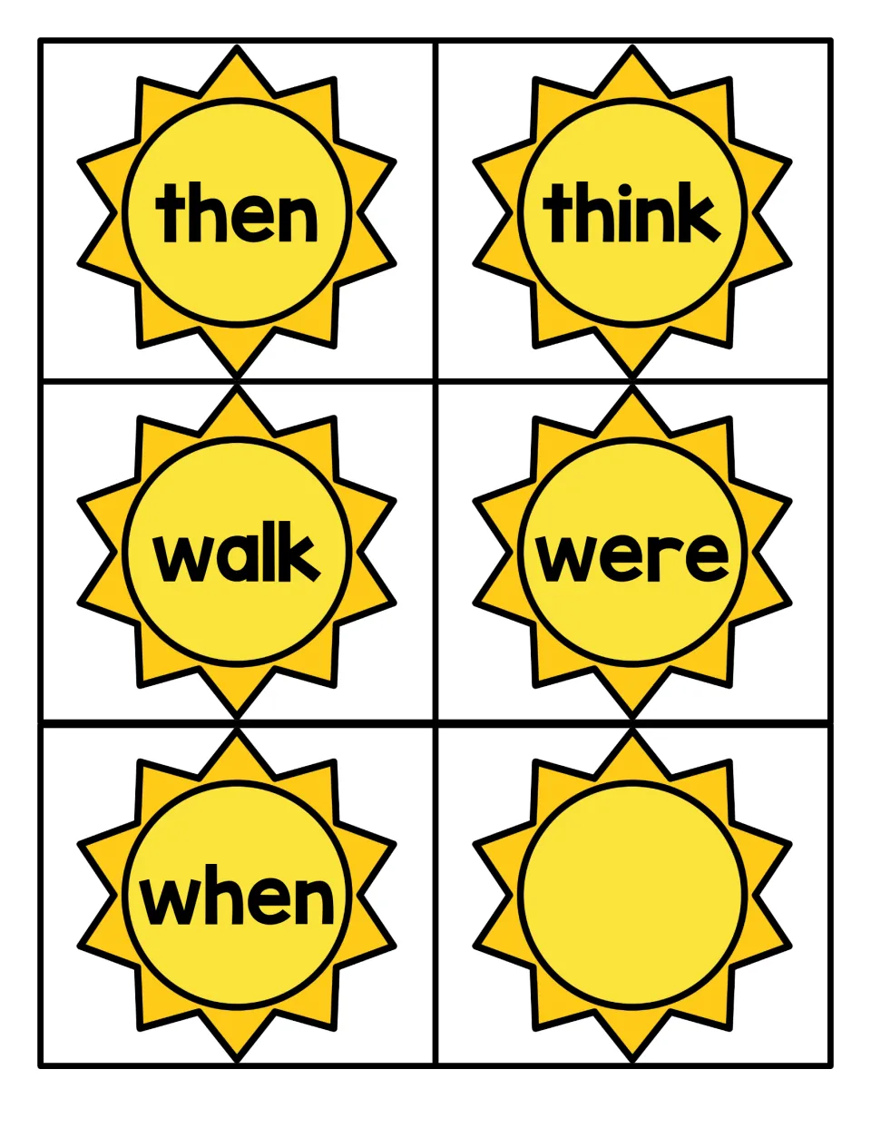 Final sun word cards: then, think, walk, were and when for reading practice, plus one blank card to write an extra word