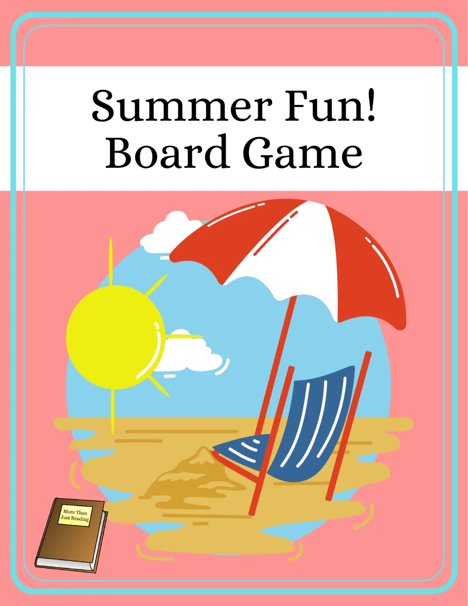 Summer Fun! Board Game cover showing a red and white beach umbrella, a blue deck chair and the sun over sand
