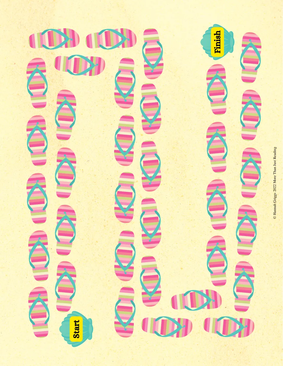 Game board path of pink striped flip-flops on sand leading from a seashell marked Start to a seashell marked Finish