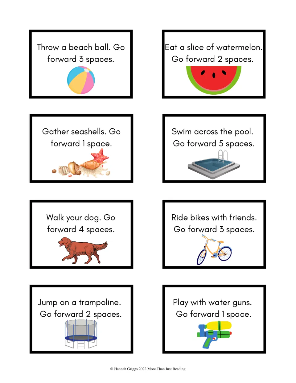 Move-forward game cards: throw a beach ball, swim across the pool, walk your dog and more, each moving 1 to 5 spaces