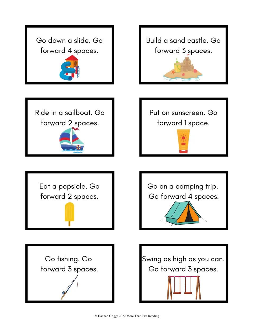 Go-forward cards: go down a slide, build a sand castle, put on sunscreen, eat a popsicle and go fishing, 1 to 4 spaces