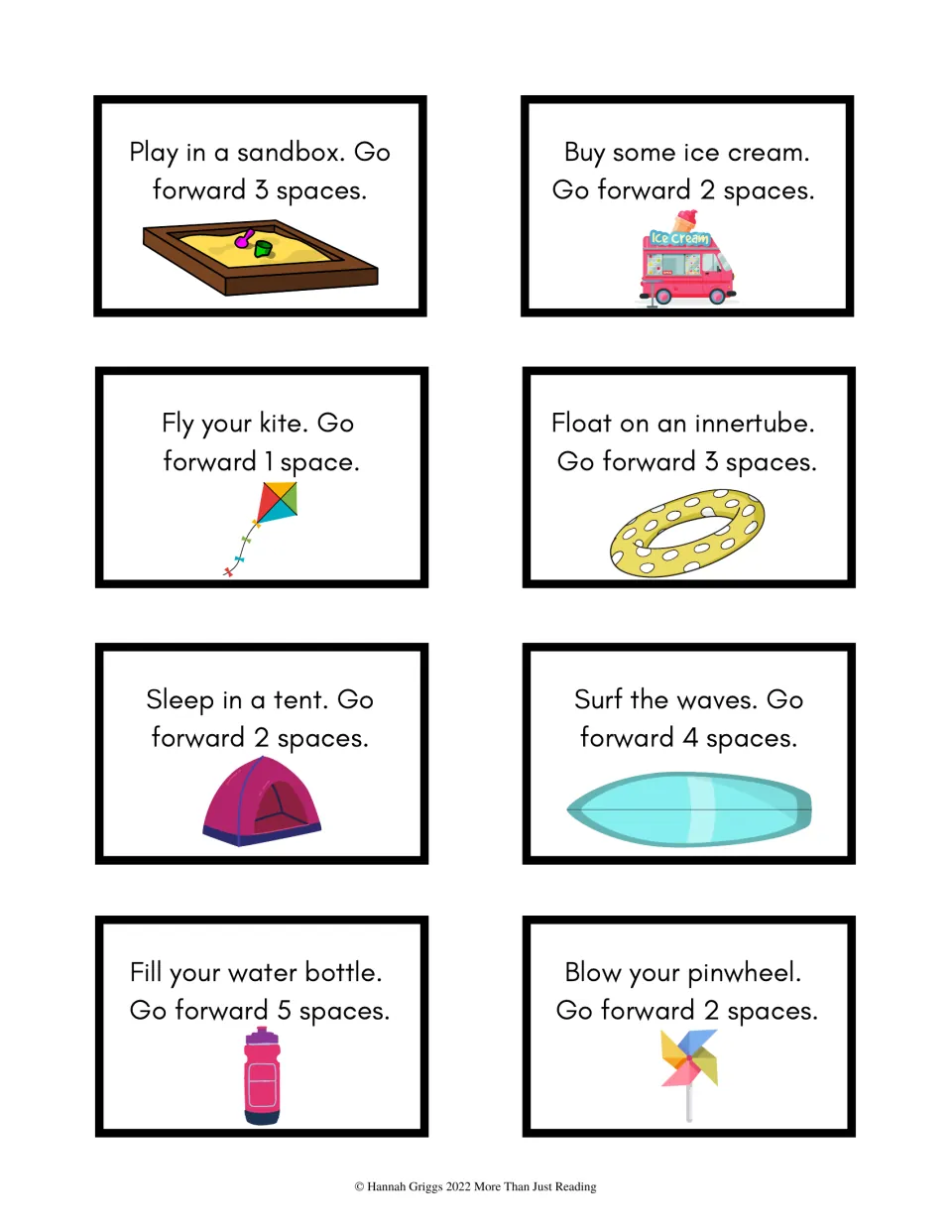 Forward-move cards: play in a sandbox, fly your kite, surf the waves, fill your water bottle and blow your pinwheel