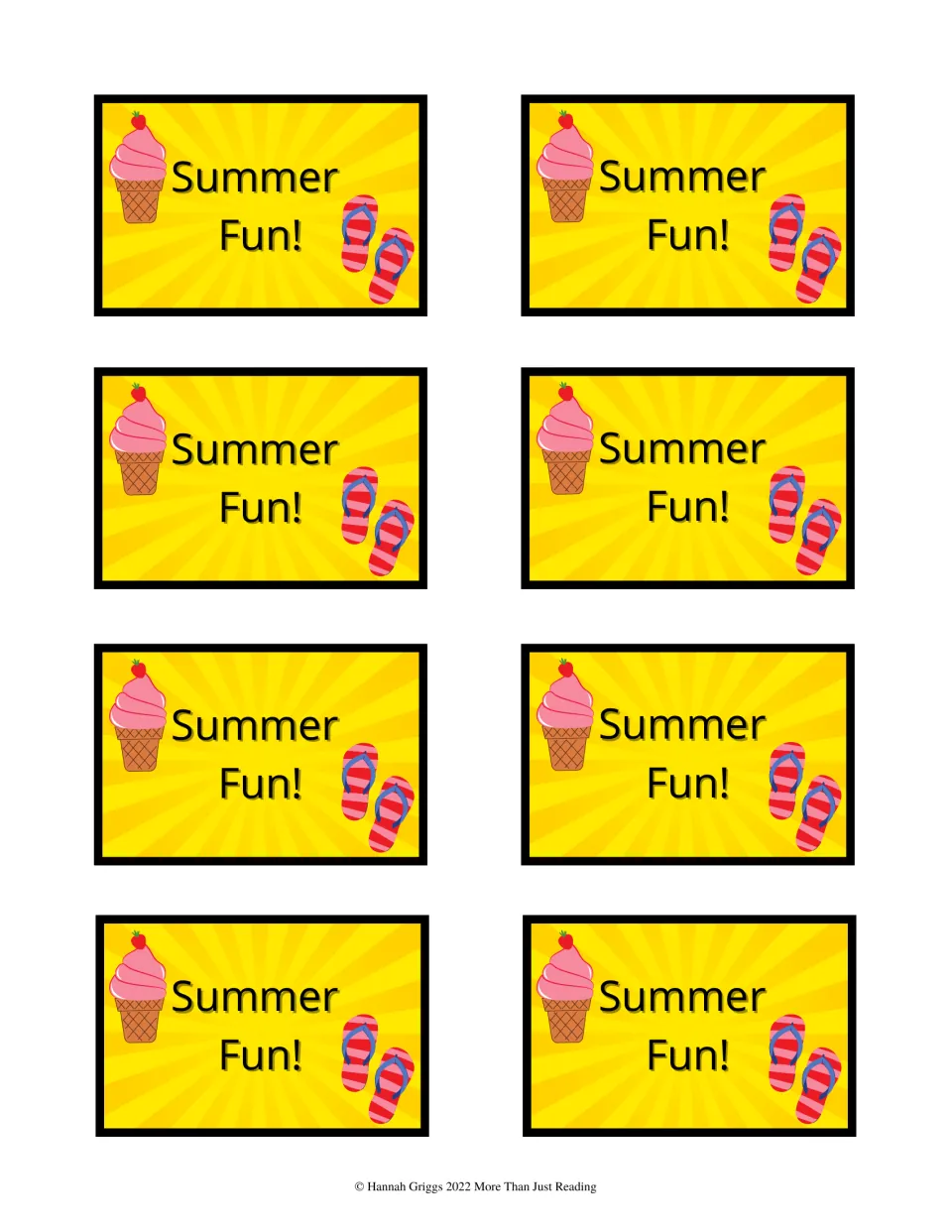 Card backs reading Summer Fun! with an ice cream cone and flip-flops, eight per sheet to glue behind the game cards