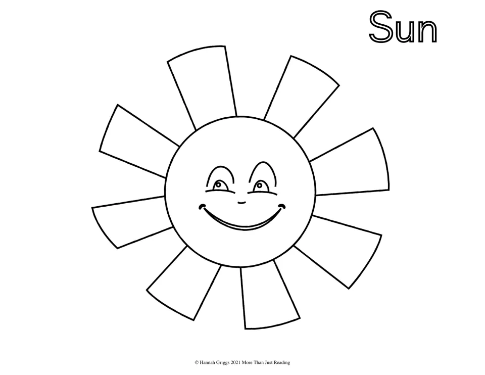 Sun coloring page: students color a smiling cartoon sun with wide rays beneath the bubble-letter label Sun