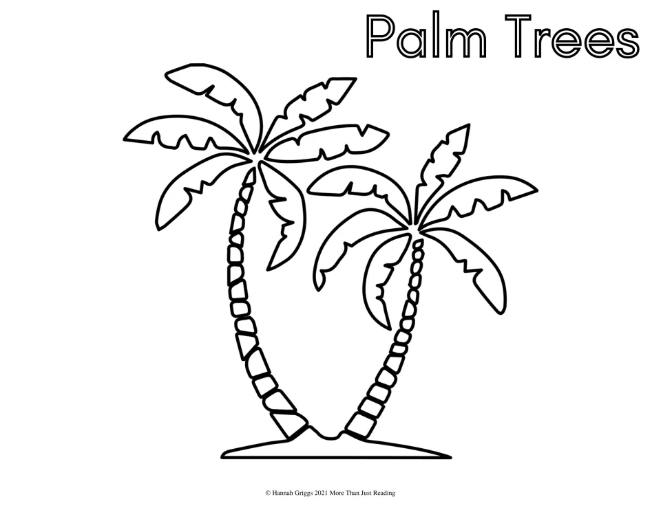 Palm trees coloring page: students color two leaning palm trees with segmented trunks on a small mound of sand
