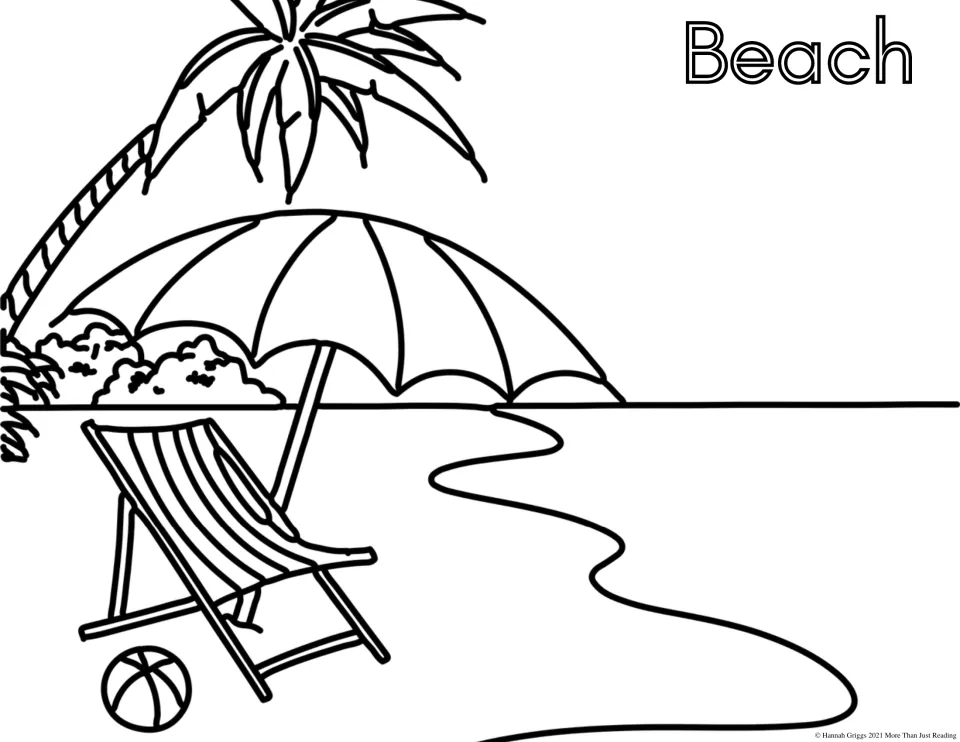 Beach scene coloring page: students color a beach umbrella, striped deck chair, palm tree, beach ball and shoreline