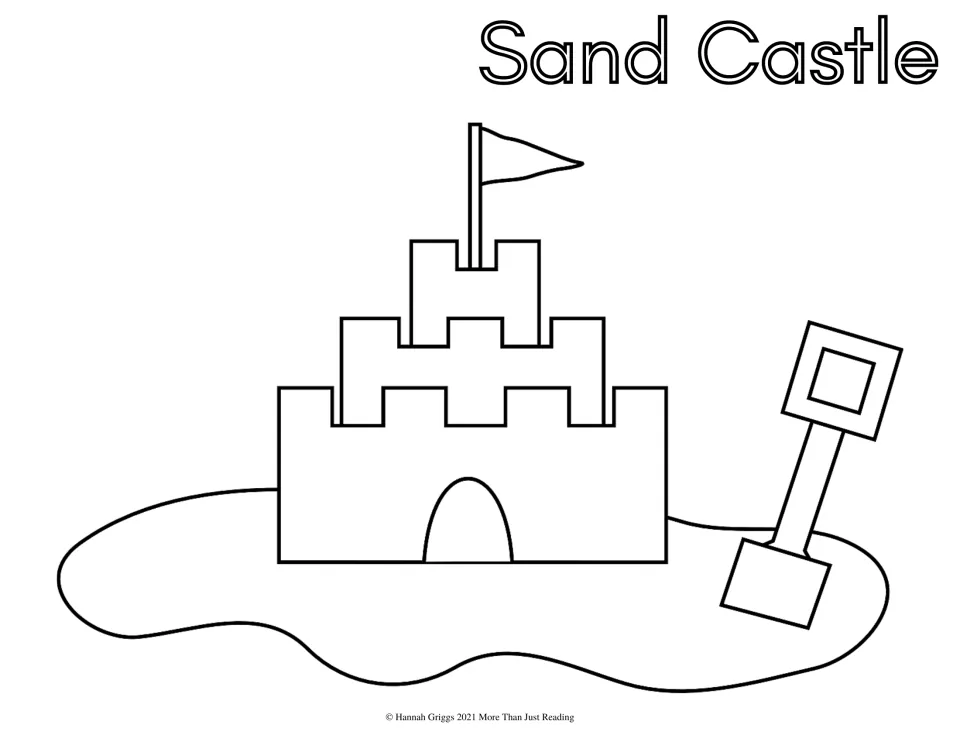 Sand castle coloring page: students color a three-tier castle with a flag and a toy shovel standing in the sand