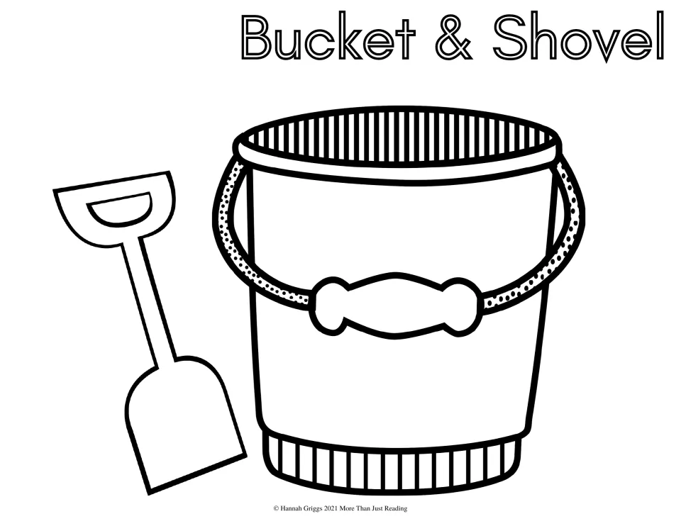 Bucket and shovel coloring page: students color a sand pail with a dotted handle and a toy spade beside it