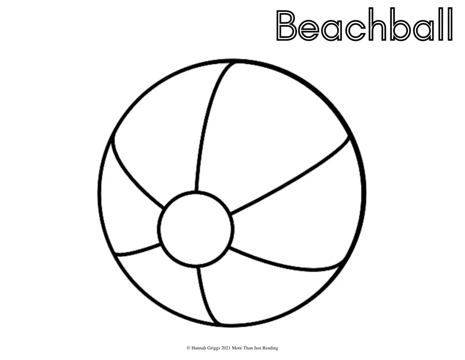 Beach ball coloring page: students color the six panels and round center cap of a beach ball, labeled Beachball