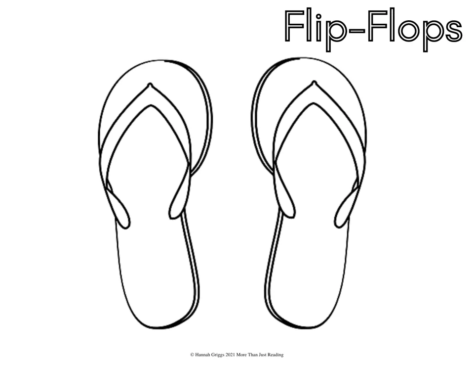 Flip-flops coloring page: students color a pair of flip-flop sandals with V-shaped straps, labeled Flip-Flops