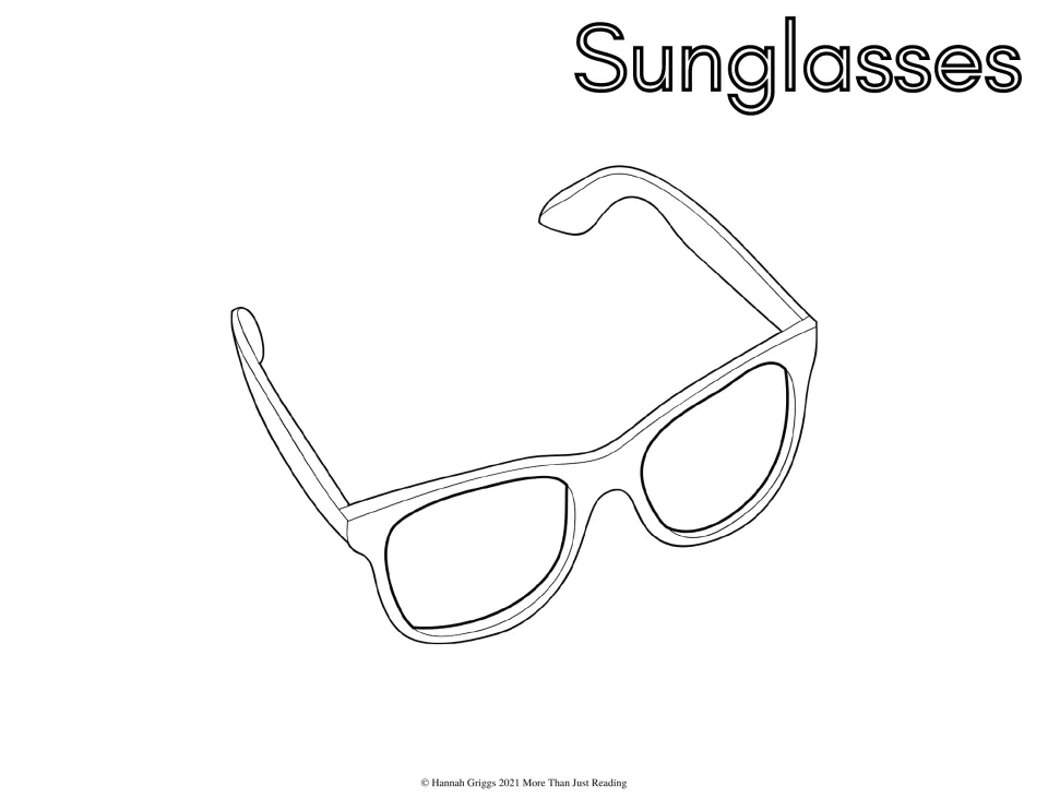 Sunglasses coloring page: students color a pair of wide-frame sunglasses shown at an angle under the word Sunglasses