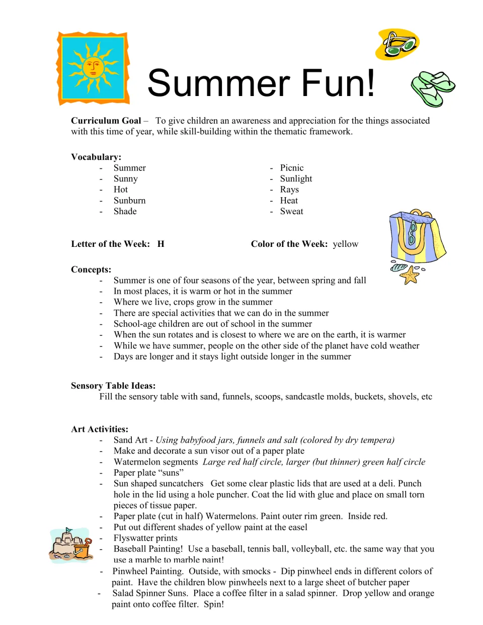 Summer theme plan: curriculum goal, vocabulary, letter H, color yellow, summer concepts, sand sensory table and art ideas