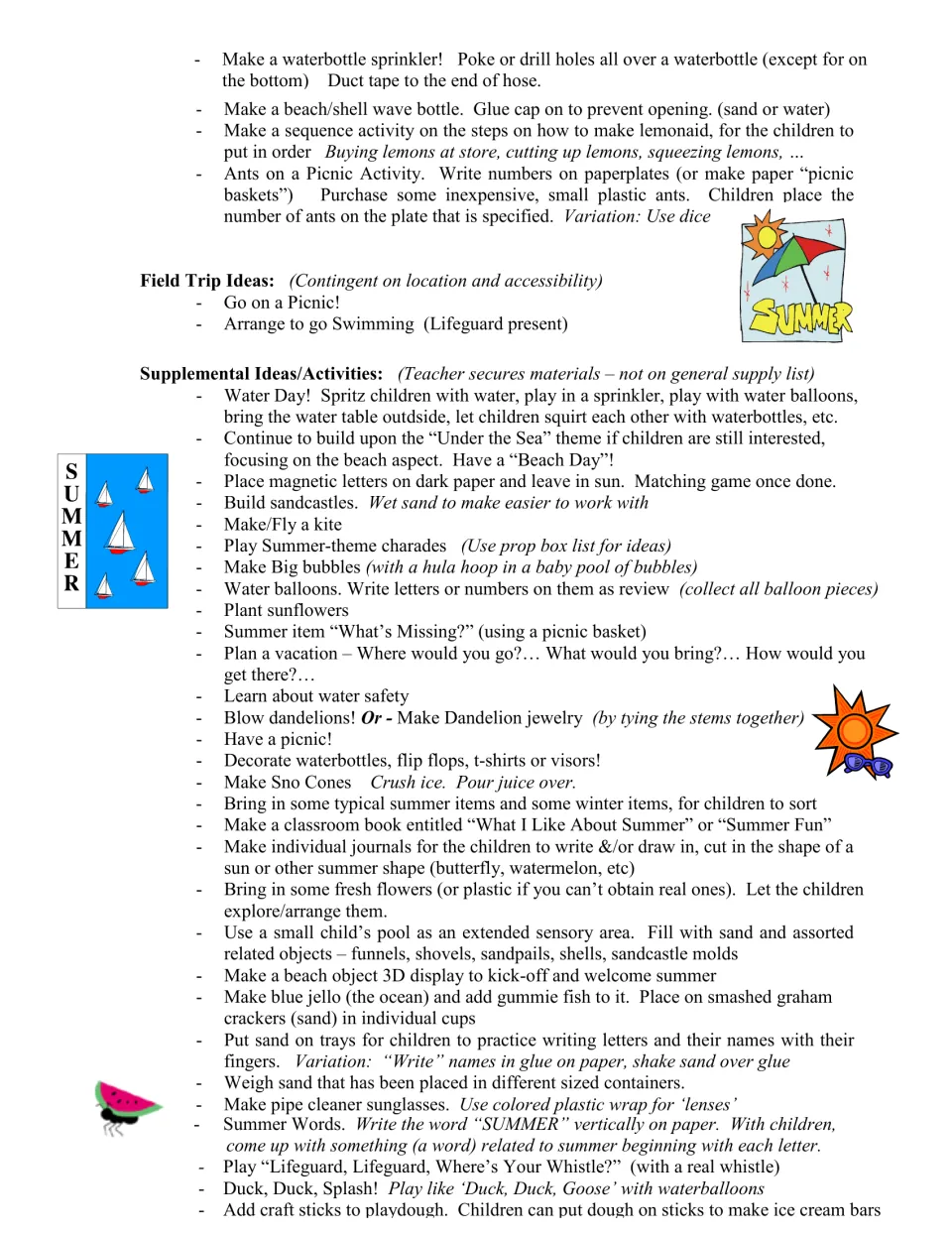 Lemonade sequencing and ants on a picnic counting, picnic and swimming field trips, and supplemental summer activities