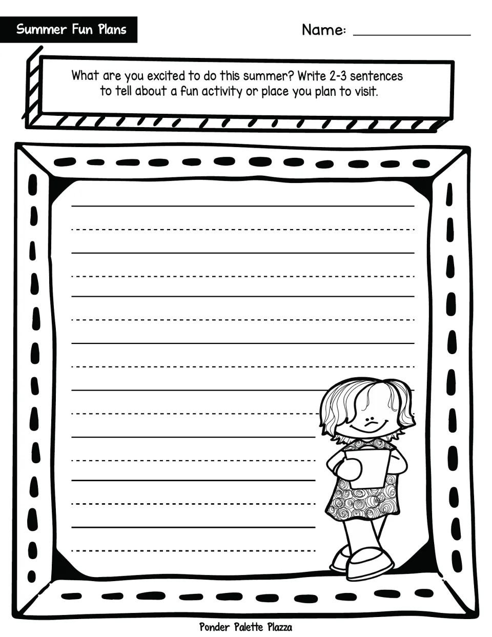 Summer Fun Plans writing prompt: students write 2-3 sentences on a fun activity or place they plan to visit this summer