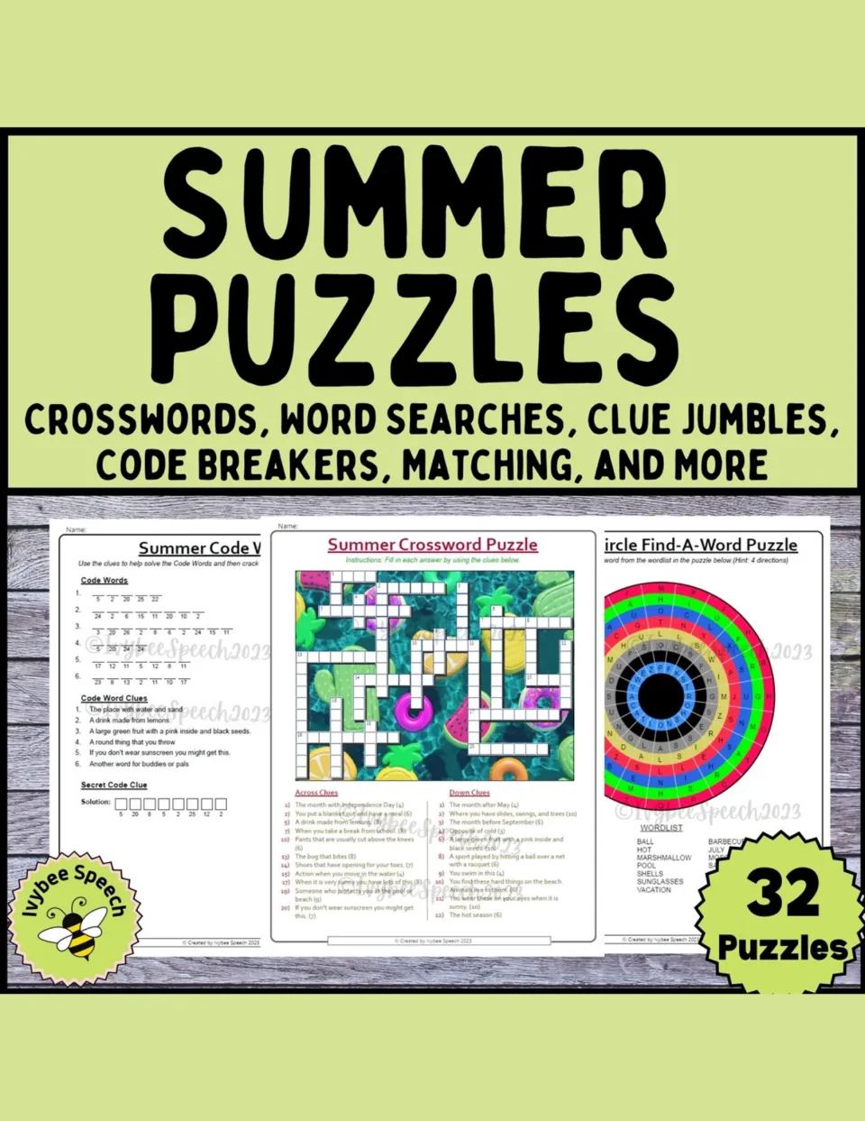 Summer Puzzles cover: 32 puzzles including crosswords, word searches, clue jumbles, code breakers and matching