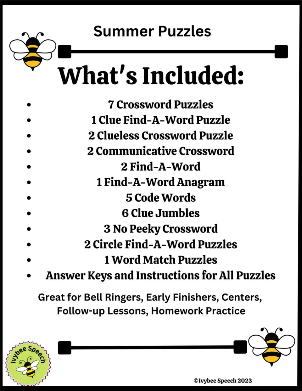 What's Included list: 7 crosswords, code words, clue jumbles, find-a-word and circle puzzles, plus answer keys