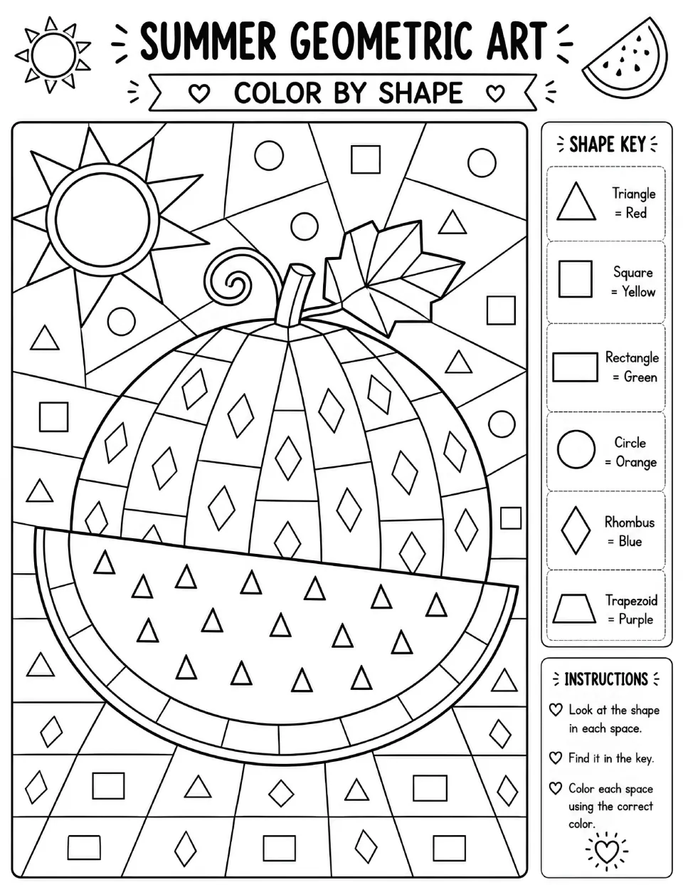 Watermelon color by shape: students match triangles, squares, rectangles, circles, rhombuses and trapezoids to a color key