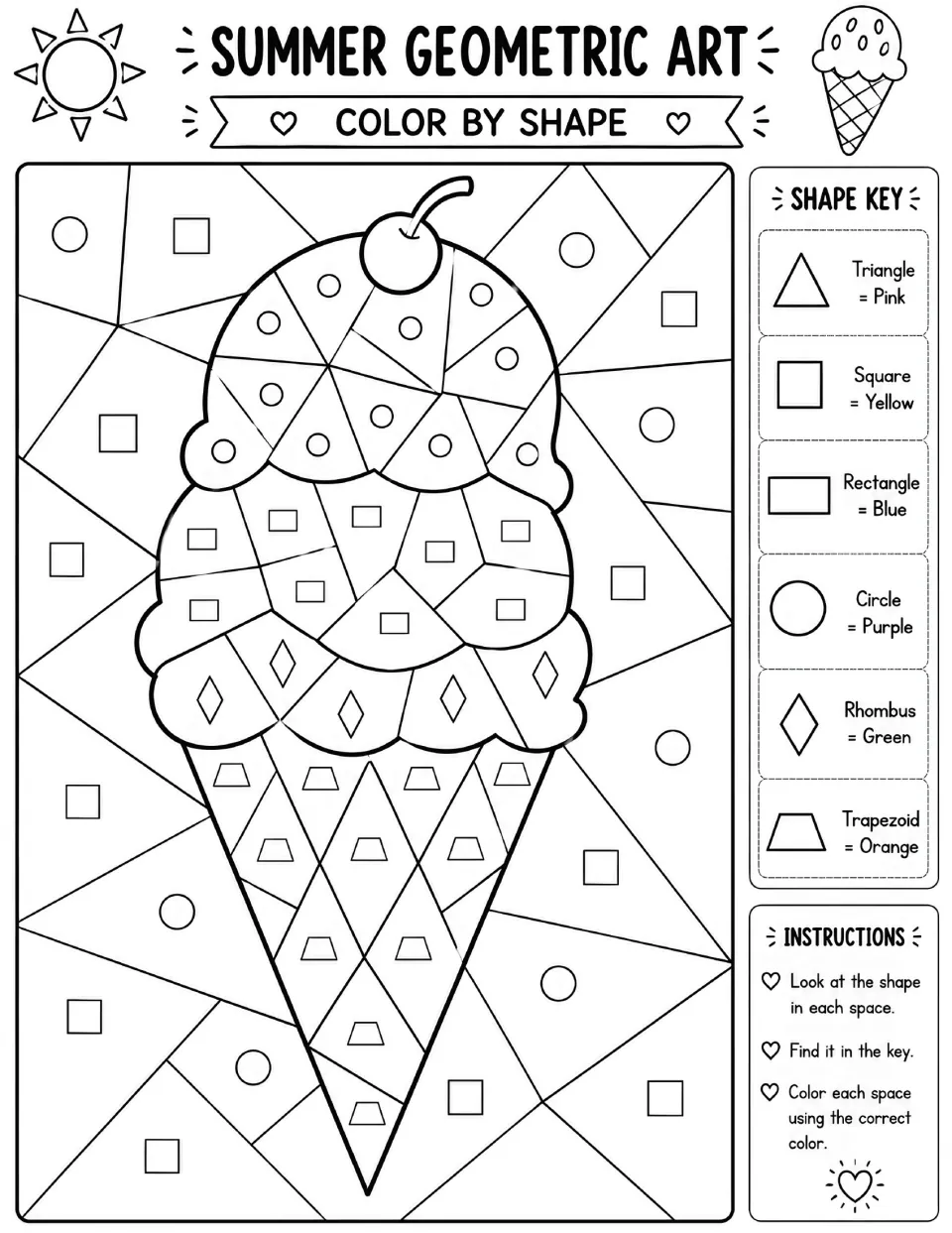 Ice cream cone color by shape: students look up each shape in the key, coloring circles purple and trapezoids orange