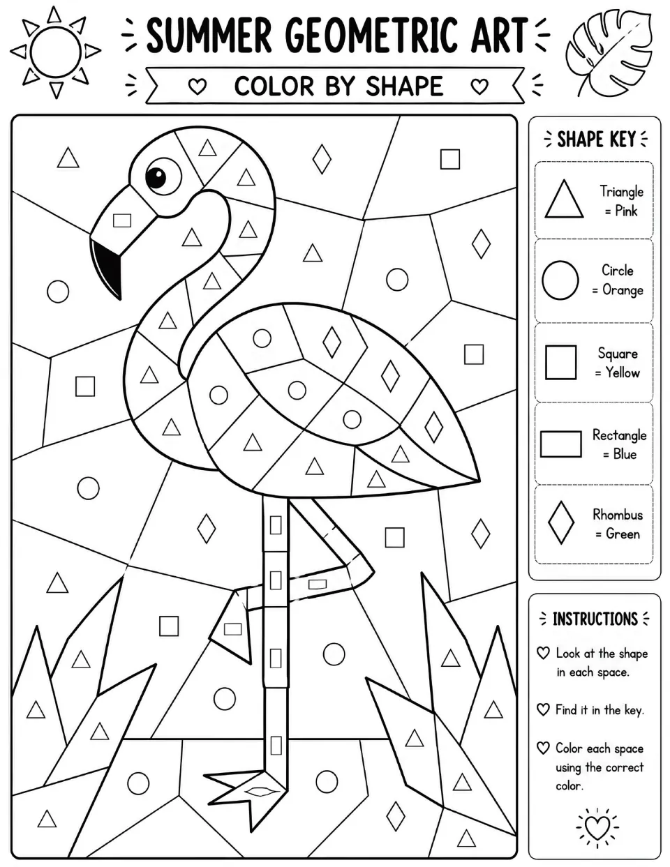 Flamingo color by shape: students identify the shape in each space and color it from a 5-shape key, triangles pink