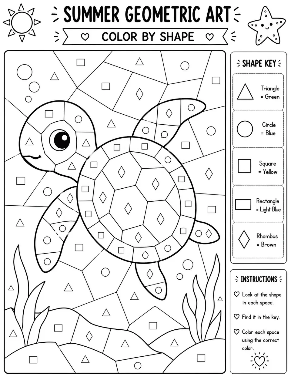 Sea turtle color by shape: students color each space by its shape, rhombuses brown on the shell and rectangles light blue